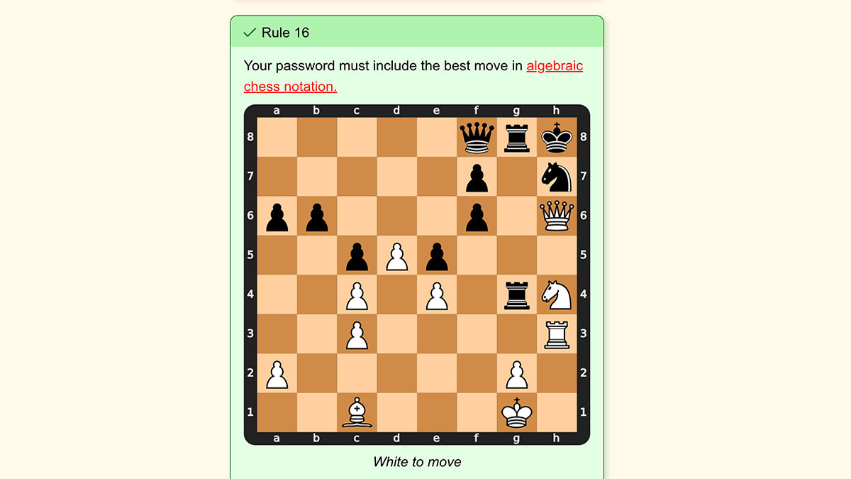 The Password Game: How to Beat Rule 16 (Algebraic Chess)