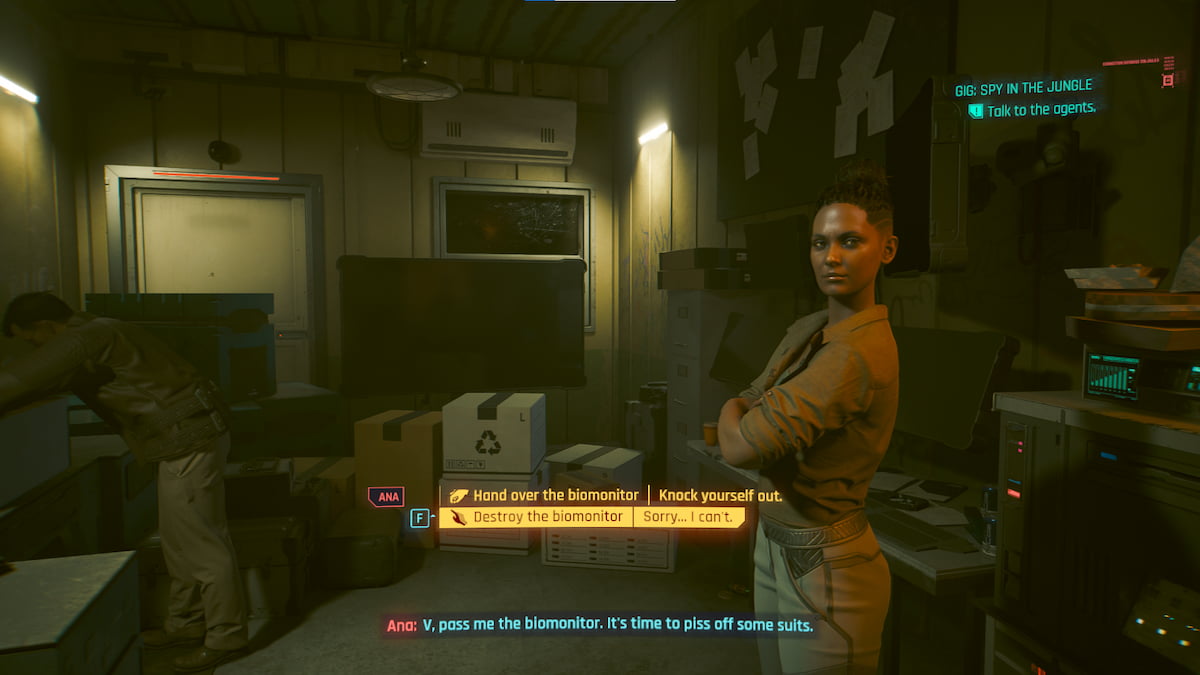 Cyberpunk 2077 Spy In The Jungle Should You Give the Biomonitor to the Agents or Leave At The