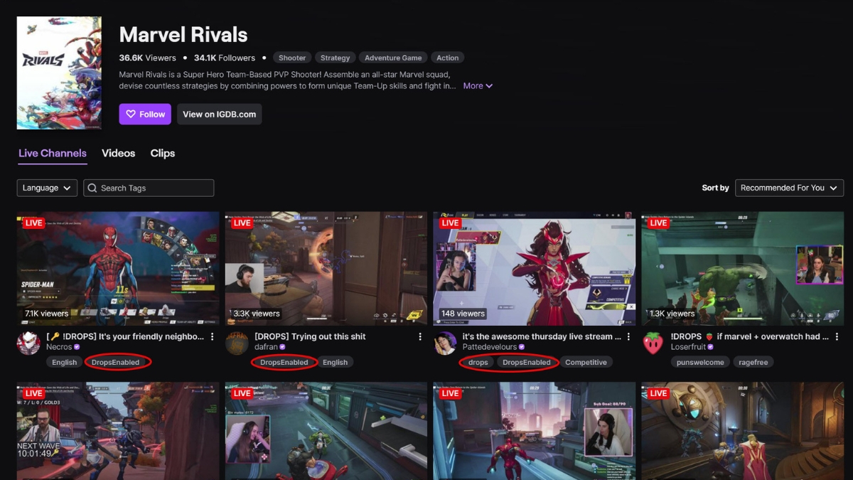 Marvel Rivals Twitch Steams Page