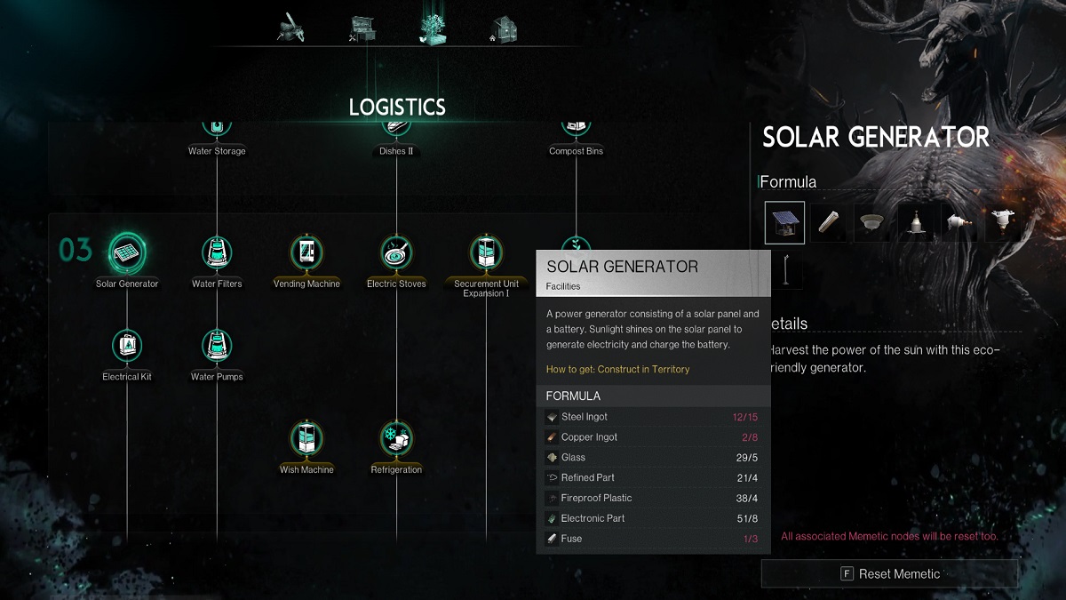 Solar Generator in Memetics menu in Once Human