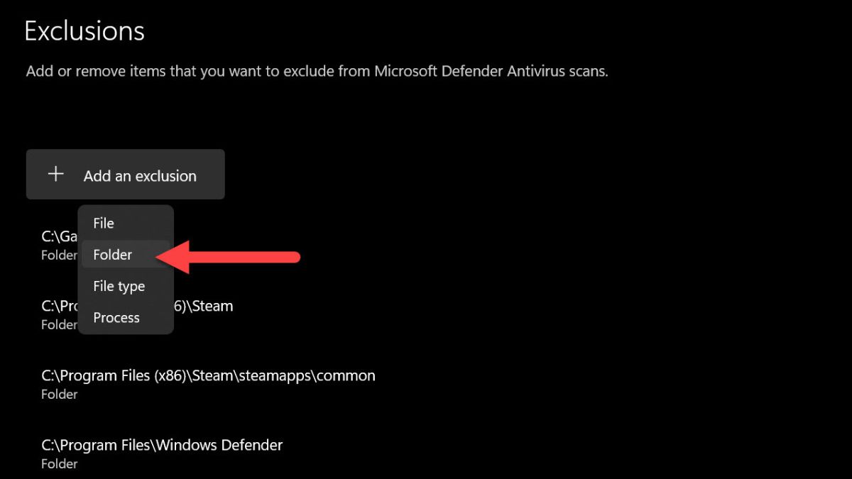Fügen Sie das erste untergeordnete Installationsverzeichnis zu den Windows Defender-Ausnahmen hinzu