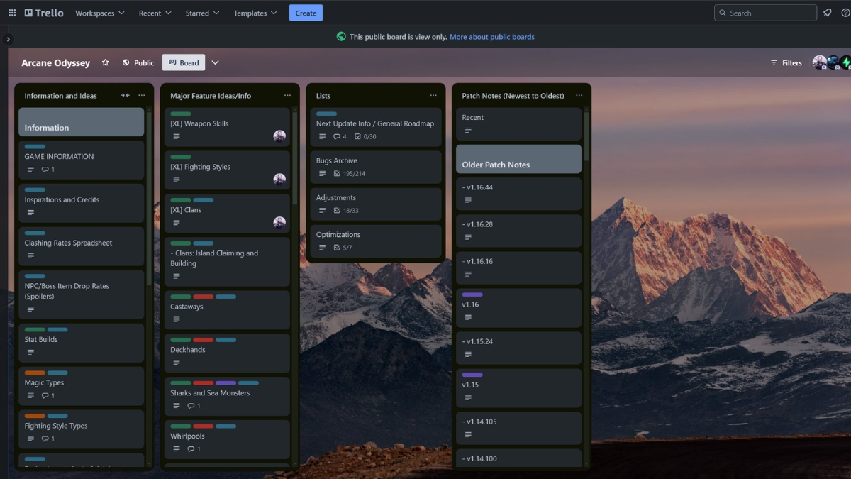 Arcane Odyssey Trello Board