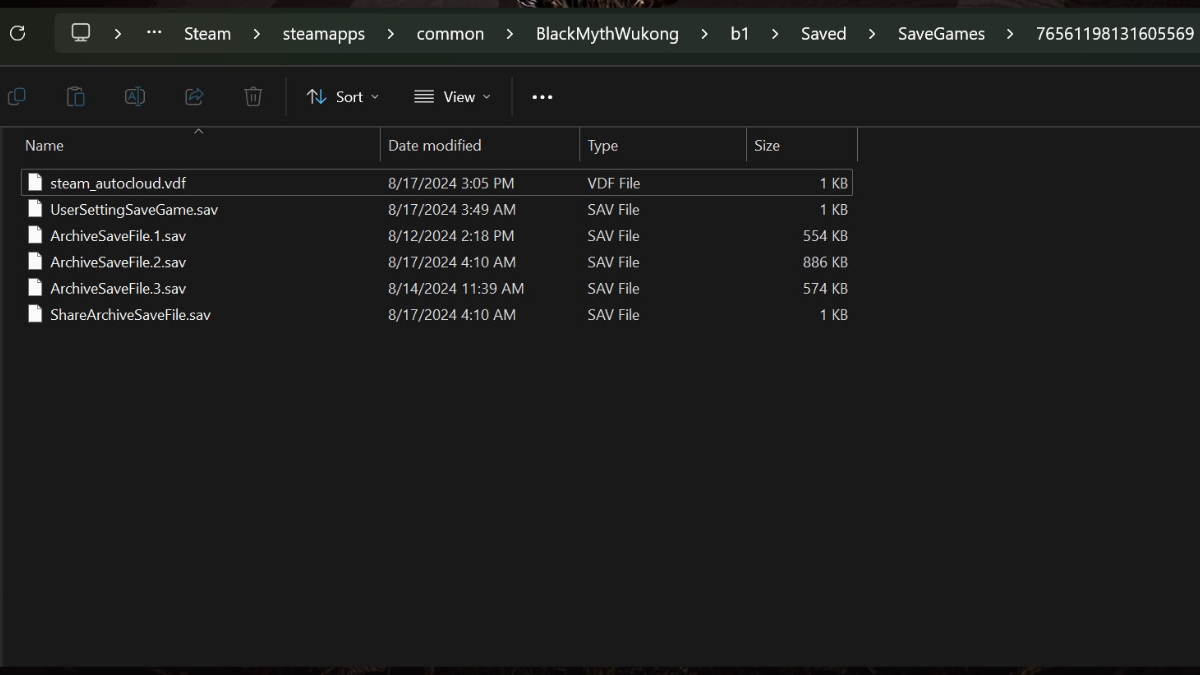 The save file location for Black Myth: Wukong in Windows Explorer