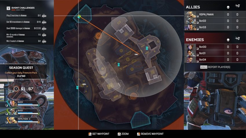 The map screen. It has the challenge tracker in the top left corner, the map in the middle, and the scoreboard in the top right corner.